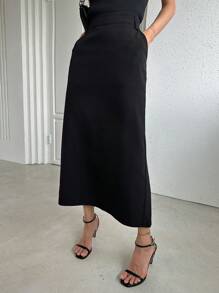 DAZY Chân váy cạp cao xẻ tà - màu đen - Xem 3