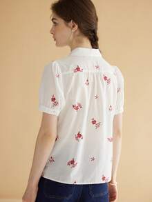 Simple Retro Áo sơ mi nữ Nút phía trước Hoa Giải trí - trắng - Xem 2