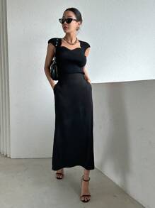 DAZY Chân váy cạp cao xẻ tà - màu đen - Xem 4