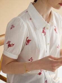 Simple Retro Áo sơ mi nữ Nút phía trước Hoa Giải trí - trắng - Xem 5