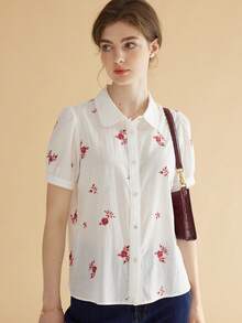 Simple Retro Áo sơ mi nữ Nút phía trước Hoa Giải trí - trắng - Xem 6