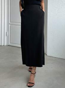 DAZY Chân váy cạp cao xẻ tà - màu đen - Xem 5