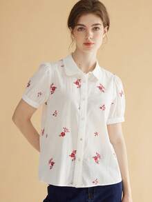 Simple Retro Áo sơ mi nữ Nút phía trước Hoa Giải trí - trắng - Xem 7