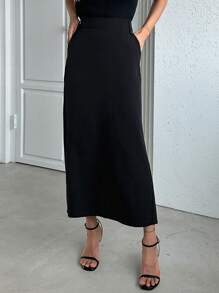 DAZY Chân váy cạp cao xẻ tà - màu đen - Xem 7