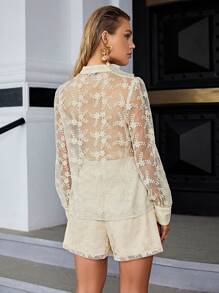 Sollinarry Floral Embroidery Mesh Front Button Shirt & Shorts Set - Apricot - View 2