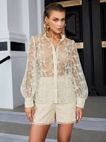 Sollinarry Floral Embroidery Mesh Front Button Shirt & Shorts Set - Apricot - View 5