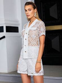 Sollinarry Lapel Neck Lace Blouse & Shorts - White - View 3