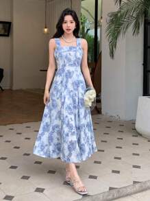 Vestido de tirantes con estampado floral todo sobre - Azul - Ver 1