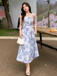 Vestido de tirantes con estampado floral todo sobre - Azul - Ver 3