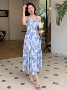 Vestido de tirantes con estampado floral todo sobre - Azul - Ver 4