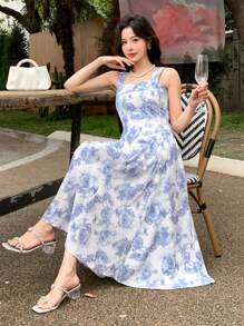 Vestido de tirantes con estampado floral todo sobre - Azul - Ver 5