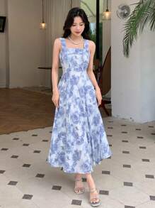Vestido de tirantes con estampado floral todo sobre - Azul - Ver 6