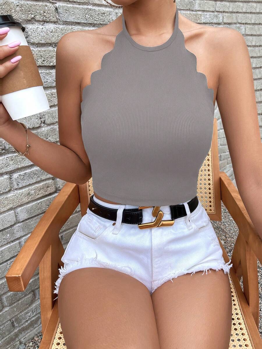 SHEIN Privé 條紋針織貝殼邊掛脖上衣