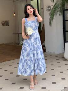 Vestido de tirantes con estampado floral todo sobre - Azul - Ver 7