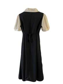 Contrast 2 In 1 Puff Sleeve Button Front Dress - Black - View 2