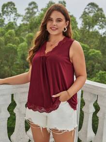 SHEIN Frenchy Plus Contrast Lace Tank Top - Burgundy - View 1