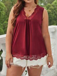 SHEIN Frenchy Plus Contrast Lace Tank Top - Burgundy - View 3