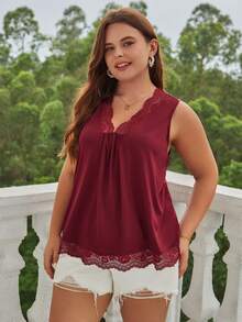 SHEIN Frenchy Plus Contrast Lace Tank Top - Burgundy - View 5