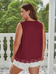 SHEIN Frenchy Plus Contrast Lace Tank Top - Burgundy - View 6