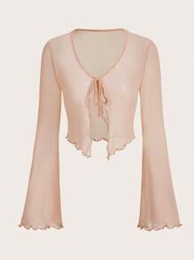 SHEIN ICON Tie Front Lettuce Trim Mesh Top - Coral Orange - View 1