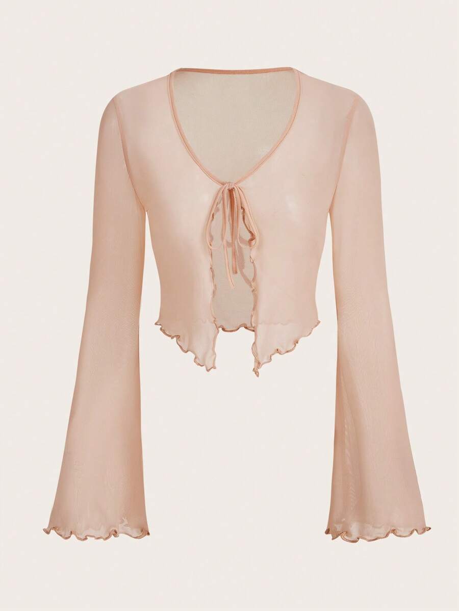 SHEIN ICON Tie Front Lettuce Trim Mesh Top - Coral Orange - View 1