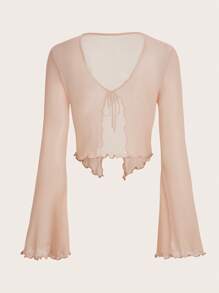 SHEIN ICON Tie Front Lettuce Trim Mesh Top - Coral Orange - View 2