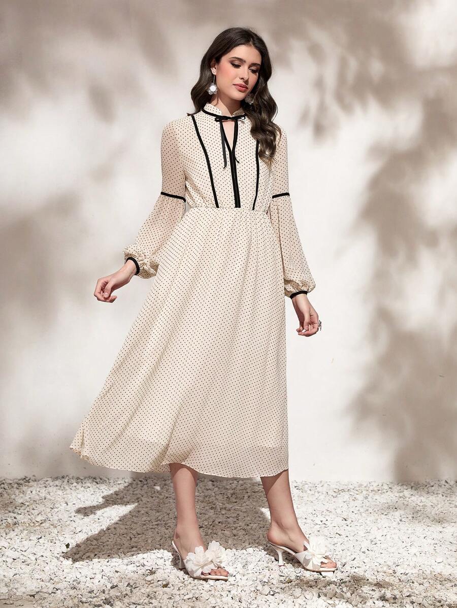 Mulvari 撞色滾邊繫帶領燈籠袖連衣裙