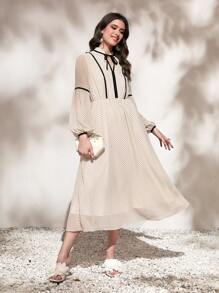 Mulvari 撞色滾邊繫帶領燈籠袖連衣裙