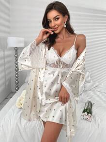 Cherry Print Contrast Lace Belted Satin Robe & Sleep Dress - Beige - View 3