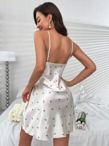 Cherry Print Contrast Lace Belted Satin Robe & Sleep Dress - Beige - View 5