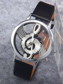 Reloj cuarzo de puntero redondo con diseño de nota musical - Negro - Ver 1