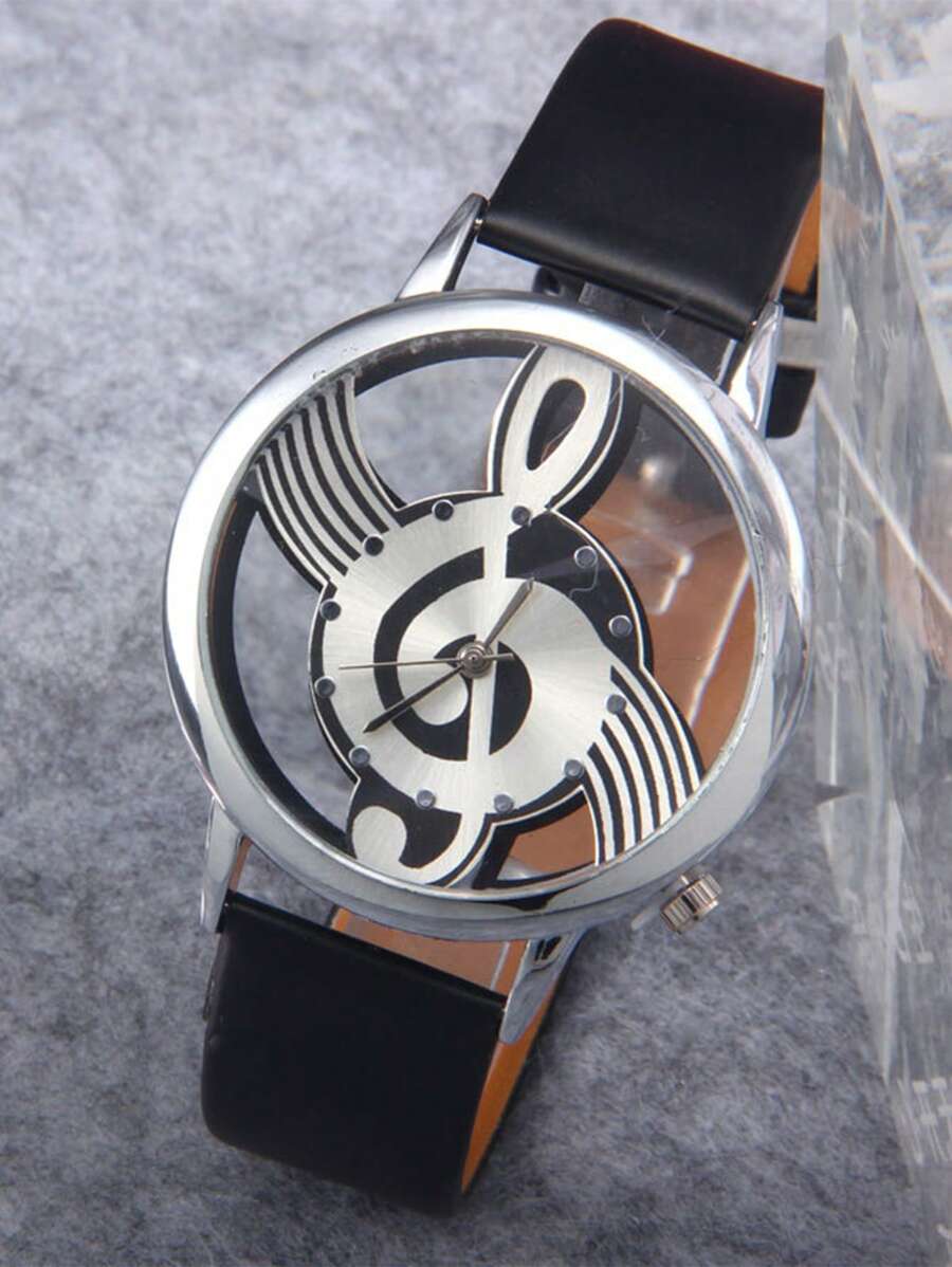 Reloj cuarzo de puntero redondo con diseño de nota musical - Negro - Ver 1