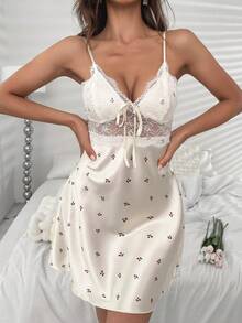 Cherry Print Contrast Lace Belted Satin Robe & Sleep Dress - Beige - View 6
