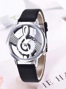 Reloj cuarzo de puntero redondo con diseño de nota musical - Negro - Ver 2