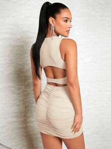 SHEIN BAE Đầm Cắt ra Xù Hội Chữ thập màu trơn Gợi cảm - Màu be - Xem 1