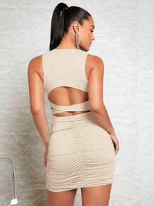 SHEIN BAE Đầm Cắt ra Xù Hội Chữ thập màu trơn Gợi cảm - Màu be - Xem 2