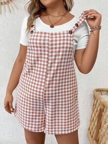 SHEIN LUNE 大碼格子圖案背帶連體短褲不帶T恤 - 粉色 - 查看 4