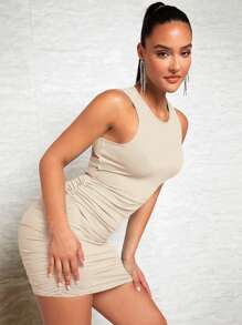 SHEIN BAE Đầm Cắt ra Xù Hội Chữ thập màu trơn Gợi cảm - Màu be - Xem 4