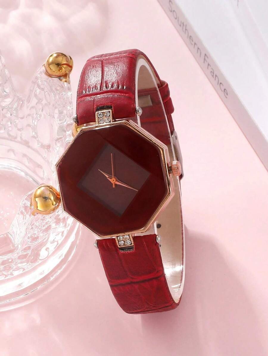 Rhinestone Decor Polygon Pointer Quartz Watch - Red - View 1