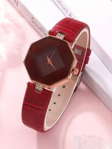 Rhinestone Decor Polygon Pointer Quartz Watch - Red - View 2