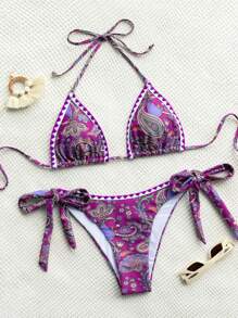 佩斯利印花掛脖三角杯比基尼泳裝