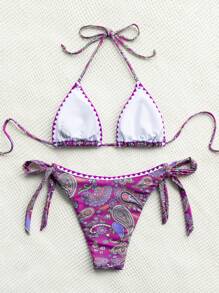 佩斯利印花掛脖三角杯比基尼泳裝