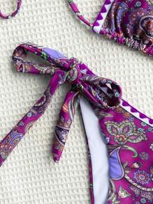 佩斯利印花掛脖三角杯比基尼泳裝