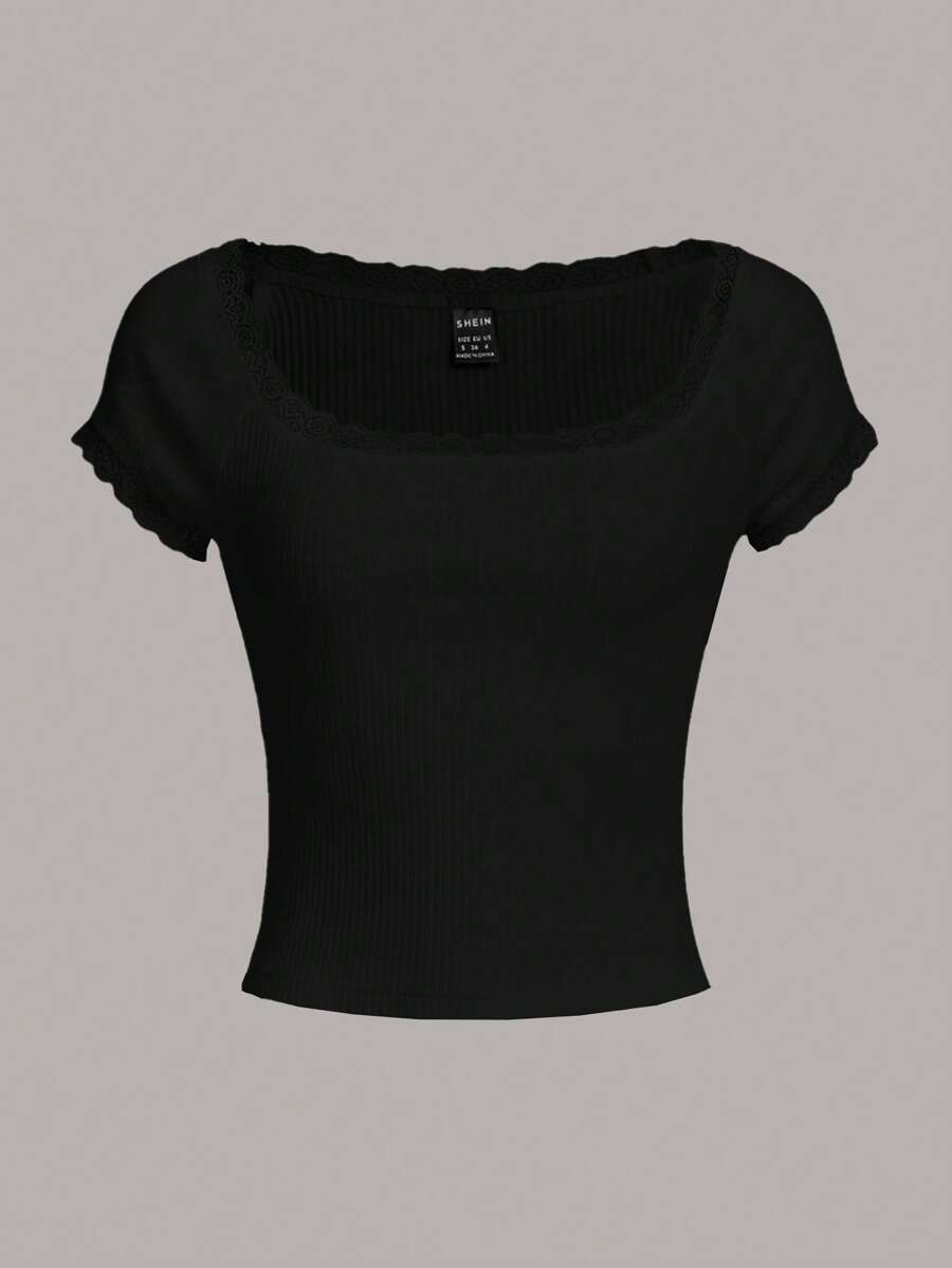 SHEIN EZwear 夏季外出圆领生菜边罗纹针织黑色 T 恤 - 黑色 - 查看 1