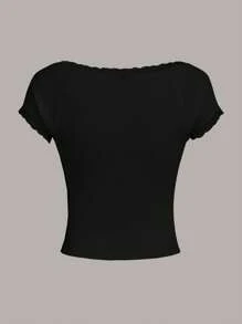 SHEIN EZwear 夏季外出圆领生菜边罗纹针织黑色 T 恤 - 黑色 - 查看 2