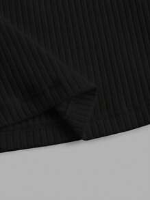 SHEIN EZwear 夏季外出圆领生菜边罗纹针织黑色 T 恤 - 黑色 - 查看 3