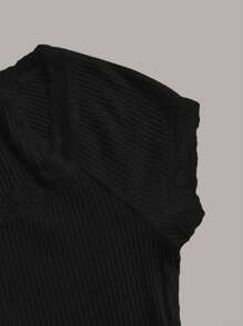 SHEIN EZwear 夏季外出圆领生菜边罗纹针织黑色 T 恤 - 黑色 - 查看 4