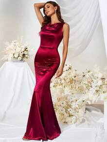 MUXXN 垂領及地緞面正式連衣裙 - 紅色 - 查看 4