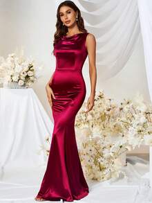 MUXXN 垂領及地緞面正式連衣裙 - 紅色 - 查看 5