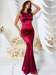 MUXXN 垂領及地緞面正式連衣裙 - 紅色 - 查看 6